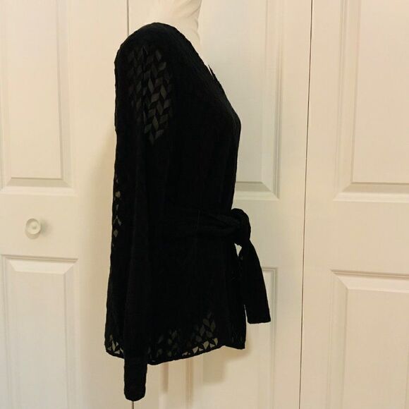 Ann Taylor Black Embroidered Chevron Semi Sheer Long Sleeve Belted Top Medium - Picture 8 of 12